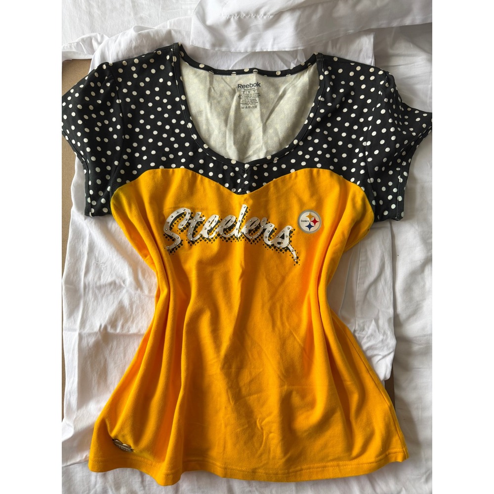 Reebok Pittsburgh Steelers Top Extra Large Yellow Polka Dot Rhinestone Script